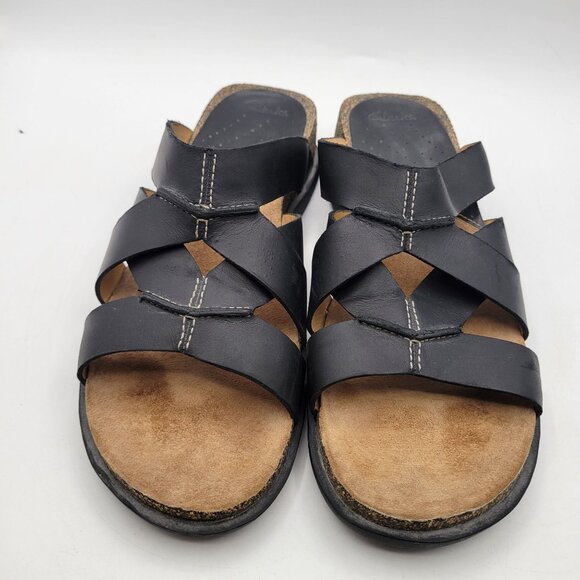Clarks Black Slide Slip On Strappy Leather Comfort Sandals Arch Support Sz 8.5 - Picture 6 of 9